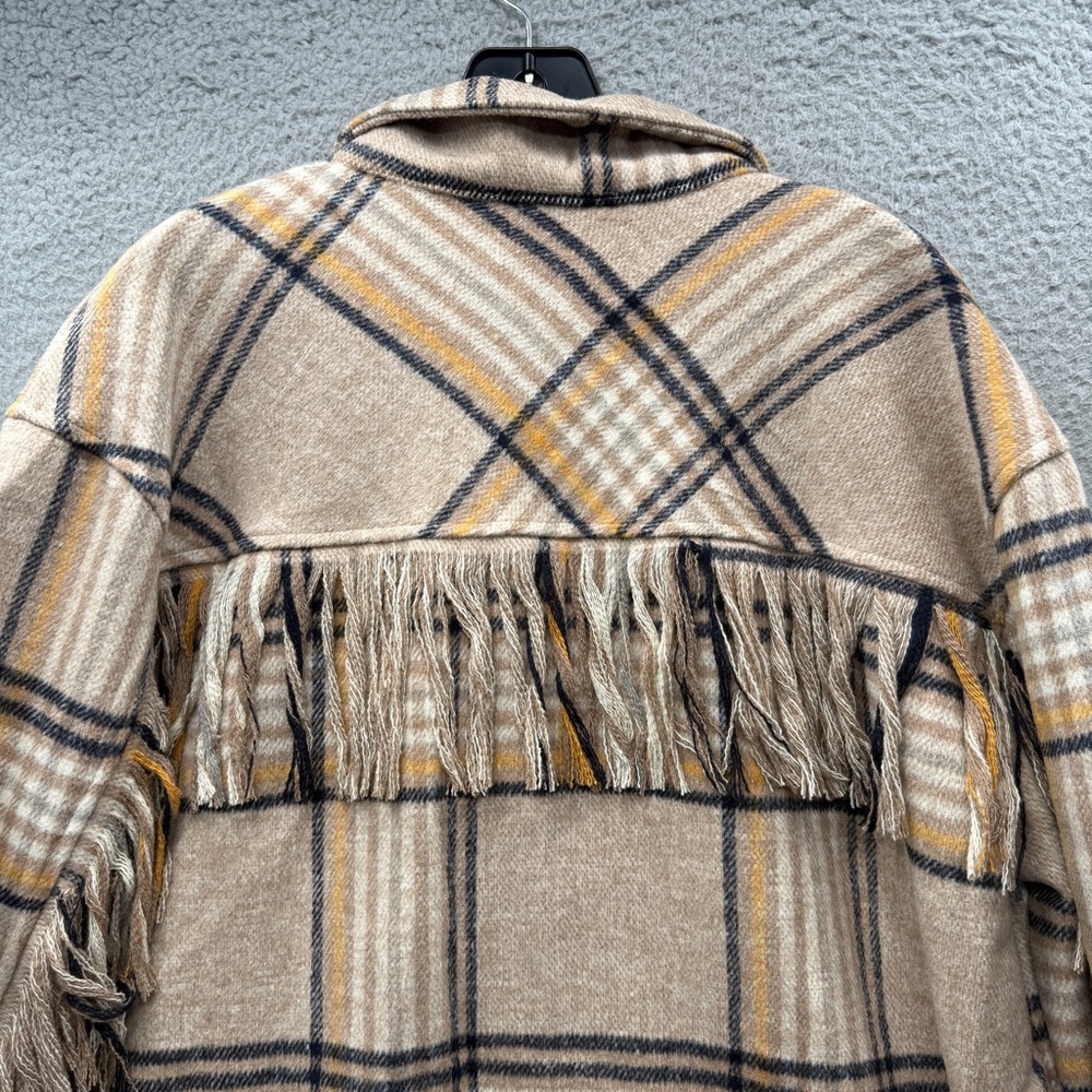 Fore Shacket Beige Plaid Fringe Button up Long Sleeve Pockets Western Women’s M - Picture 8 of 14